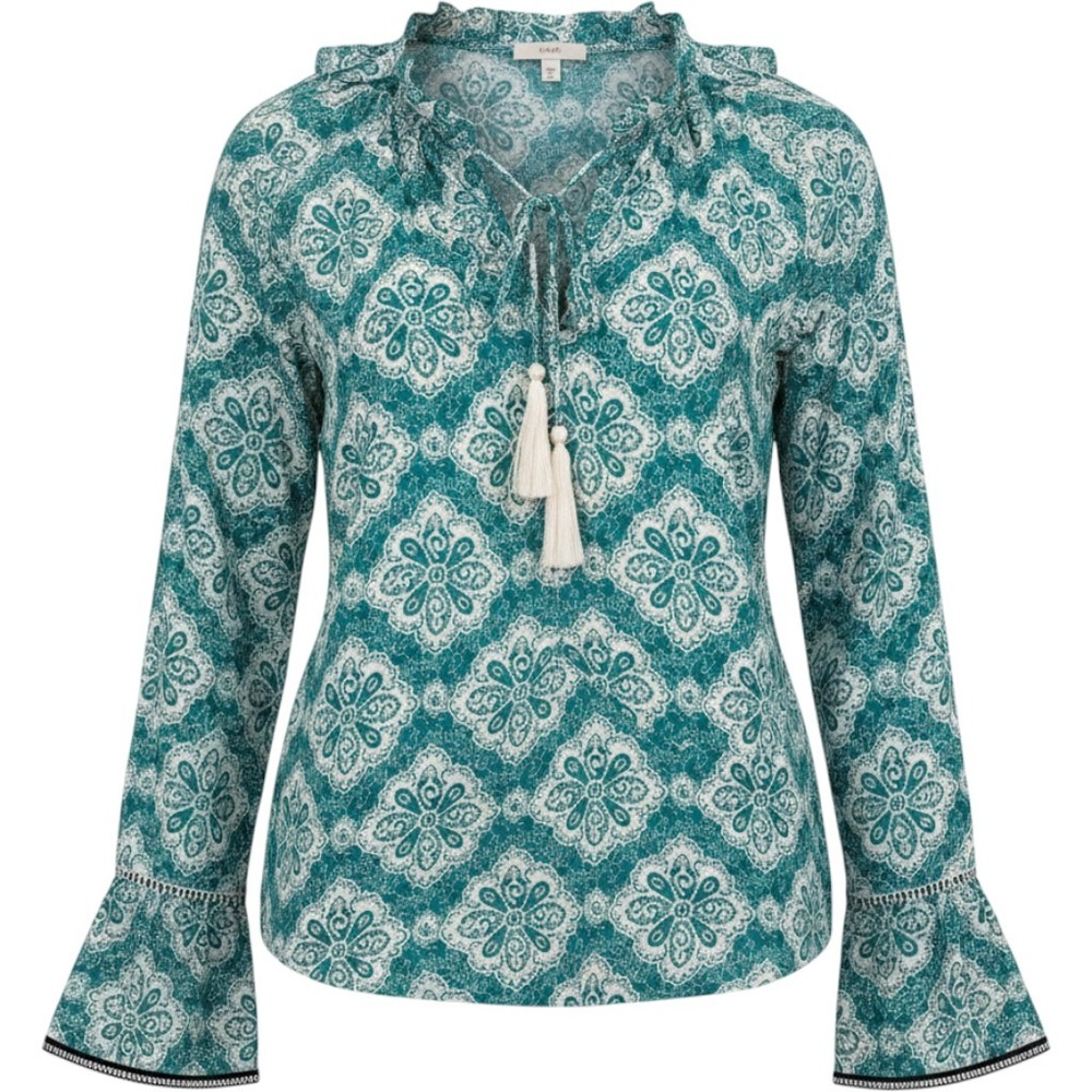 Entro Teal White Medallion Paisley Boho Lace Up Tassel Bell Sleeve Blouse‎ Small
